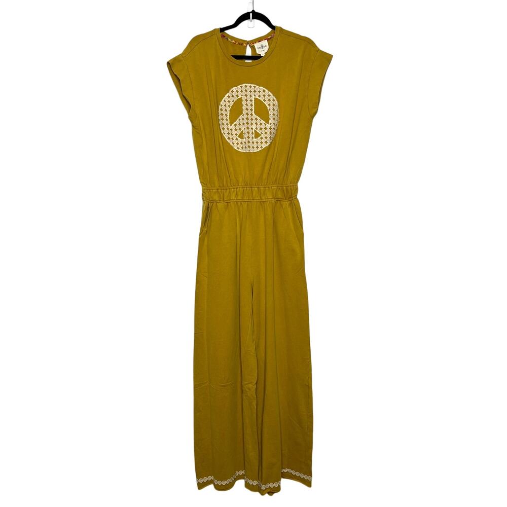 Umgee Mustard Yellow Jumpsuit Small Peace Sign Lace Wide Leg Boho Pockets